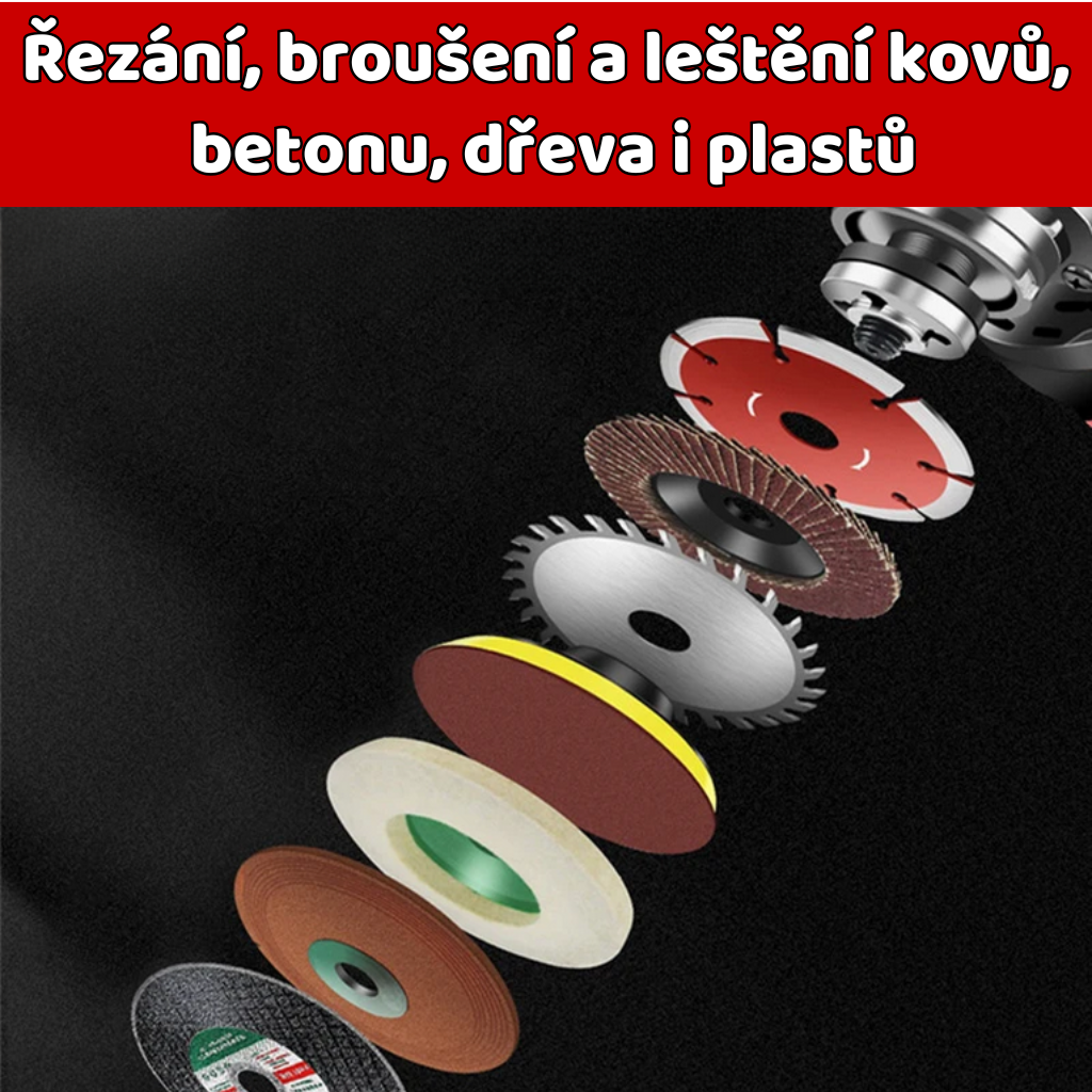 Aku úhlová bruska – obsah sady (bruska, 2 baterie, nabíječka)